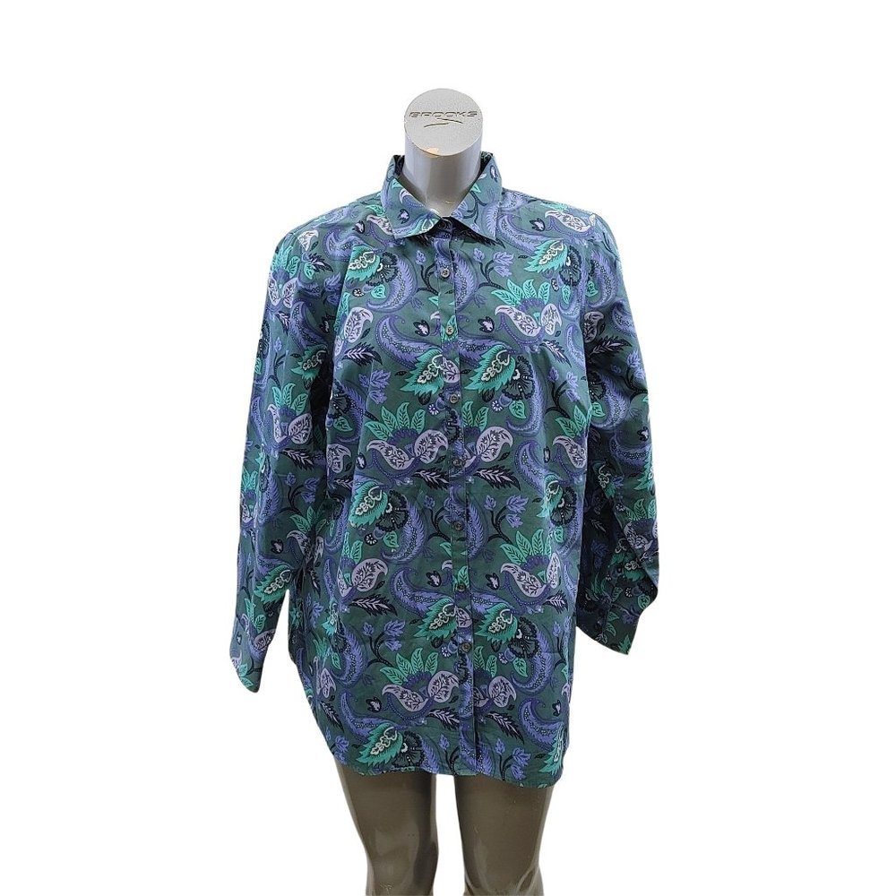 Lands' End Women's Blue Paisley Print Button Up Top Size 20W Long Sleeve Cotton